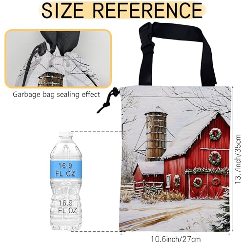 Image of Snowy Red Barn Car Trash Bag,Mistletoe Wreaths Strap Drawstring Car Garbage Bags,Car Back Seat Organizer with Adjustable Buckle for Car Accessories