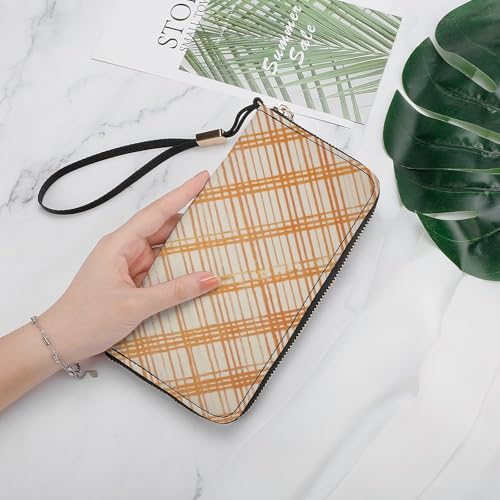 Autumn Orange Diagonal Checkered Patterns PU Leather Clutch Long Bifold Wallet, Coin Purse Credit Pass Case, Durable Card-Holder Money Storage for Women Men4
