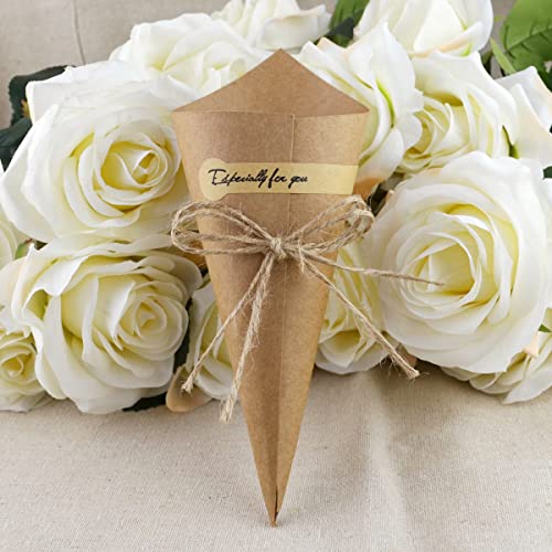RUIYWEN 50 Conos de Papel Kraft Conos de Arroz para Bodas, 50 Cuerdas de Cáñamo, 50 Pegatinas, 1 Rollo de Cinta Adhesiva, para Caramelos Dulces (15x15cm)
