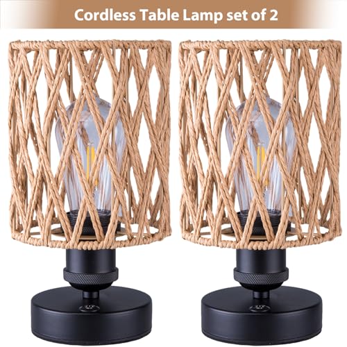 Cordless Outdoor Table Lamps, Small Rattan Boho, Rechargeable Battery Operated for Outdoor Patio, Home, Living Room, Bedroom, Bedside - Set of 2 (Beige-A) - Image 3