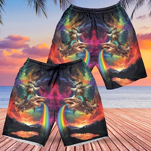Funny Cat Men's Swim Trunks - Cat Laser Hawaiian Shorts for Men, Men's Summer Bathing Shorts Set 342