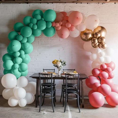 Image of Sage Green Pink Balloons, 12 Inchs Retro Pink Green White Metallic Gold Balloons, Pastel Birthday Balloon for Girls' Birthdays Jungle Safari Baby Shower Wedding Party Decoration