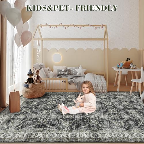 GarveeHome Area Rug 8x10 Washable Living Room Rug Non Slip Distressed Floor Cover Foldable Low Pile Traditional Accent Rug Floral Print Soft Throw Carpet for Bedroom Dining Room Office, Grey