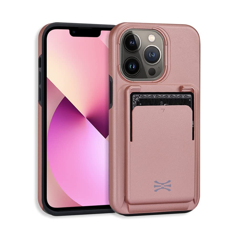 TORU CX Premium Compatible with iPhone 13 Pro Detachable Wallet Case - Protective Dual Layer TPU Bumper & Hard Cover with Slide Card Holder for Wireless Charging - Rose Gold Shell/Rose Gold Card Slot