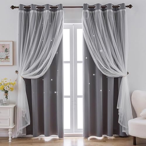 Image of indistar Star Cutout Kids Window Blackout Curtains for Girl Bedroom Window Room Darkening Curtains & Drapes Baby Nursery Curtains (2 Panel, 52Wx63L inch,Grey)