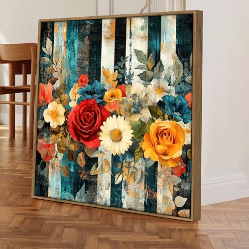Image of Vintage Floral Framed Canvas Wall Art Painting for Living Room | Colorful Rose & Daisy Artwork Painting with Frame | Modern Decorative Wall Decor for Home & Office, 23x23 Inch