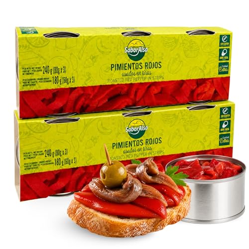 Pimiento rojo asado en tiras, Pimientos en tiras en lata, ingrediente estrella de la dieta mediterránea, Peso Neto por lata 80 gr, Peso escurrido 60 gr, Pack de 6 latas de 80 gr
