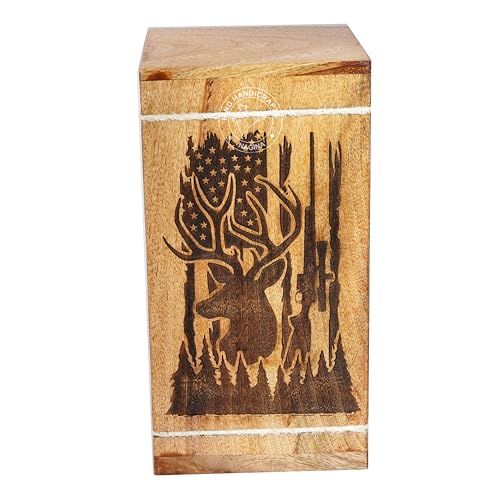 Image of Handcrafted Floral Engraved Wooden Urns for Human Ashes Adult Large - Cremation Urn for Ashes - Burial Urn for Columbarium - Funeral Urn Box (USA Flag Buck, 250 LB - Hardwood)