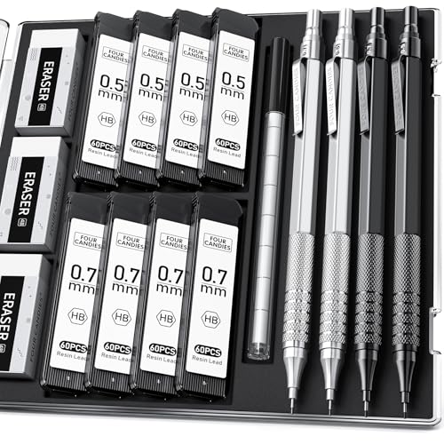 Four Candies 4PCS Metal Mechanical Pencils Set with Case, 0.5mm & 0.7 mm Artist Pencil with 8 Tubes (480PCS) HB Lead Refills, 3 Erasers,9 Eraser Refills For Writing Drafting, Drawing, Black & Sliver