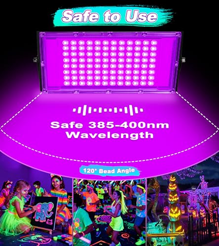 Image of TigQiang 100W 2 Pack LED Black Light IP66 Waterproof, Outdoor Blacklight Flood Light with Plug Switch Cord, for Halloween, Neon Glow in The Dark Party, Body Paint, Fluorescent Poster, Classroom