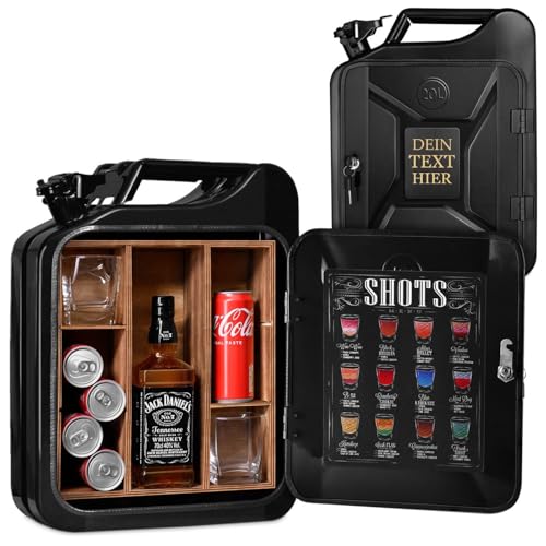 Maverton 20L Kanister Mini Bar mit Gravur - Jerrycan schwarzer Metall Mobile Bar - Geburtstagsgeschenk für Männer personalisierte Geschenke für Männer - Abschließbarer Minibar - Größe: 36x47x18cm