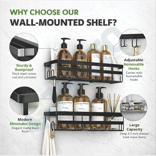 Image of JIALTO 2 Pieces Heavy Duty Self Adhesive Bathroom Accessories Set | Racks for Bathroom | Multipurpose Wall Mounted Washroom Organizer | No Drill Bathroom Shelves | Soap Rack for Bathroom (Black)