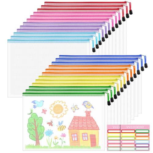 Image of 24pcs Mesh Bags with Zipper, A4 Zippered Pouch, Clear Pouches with Zipper, 8 Colors Mesh Bags, Plastic Bag, Letter Size Organization Pouches for Office, File, Toys, School