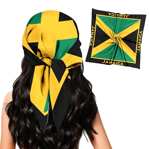 pqisdnsyh Fashion Bandana for Women Jamaican Flag Silk Scarf 27.5x27.5 Lnches - Large Square bandanas Satin Hair for Sleeping Travel Fashion Gift.