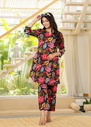Image of Pistaa's Women Pure Cotton Floral Printed Straight Rounded Hem Co-ord Set