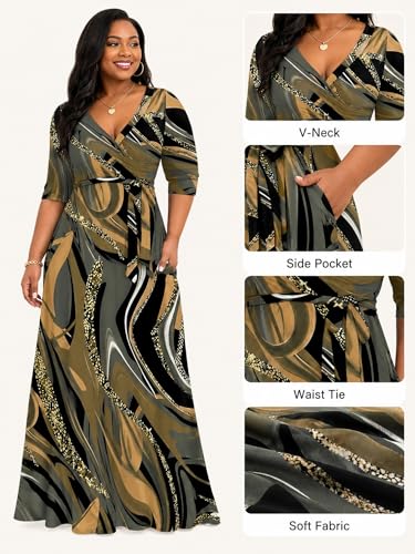 Image of PinkPatty Women's Plus Size Maxi Dresses Casual Flowy 3 /4 Sleeves Dress Printed Vacation Dress for Daily Wear with Belt