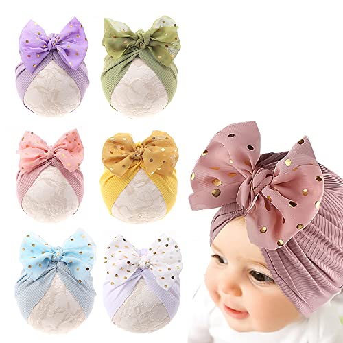 Image of Baby Girl Velvet Big Hair Bow Knotted Head Wrap Oversized Bow Beanie India Cap Warm for Newborn Infant Toddlers 6PCS