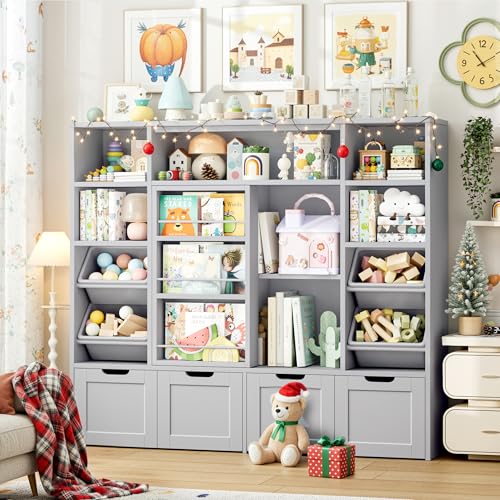 FINETONES 55.1’’ W Toy Storage with Sliding Bookshelf, Large Toy Organizer Kids Bookshelf with 4 Movable Drawers and 4 Bins, Toy Bins for Kids Organizer Playroom Storage for Kid Room, Grey