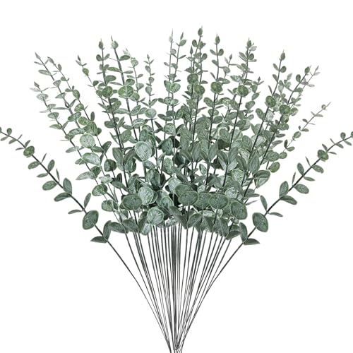 LUKDUNG 20 unidades artificiales de eucalipto, ramas de eucalipto falsas para decoración de flores, color verde oscuro eucalipto plantas decoración para bodas, fiestas, hogar, arreglos florales,