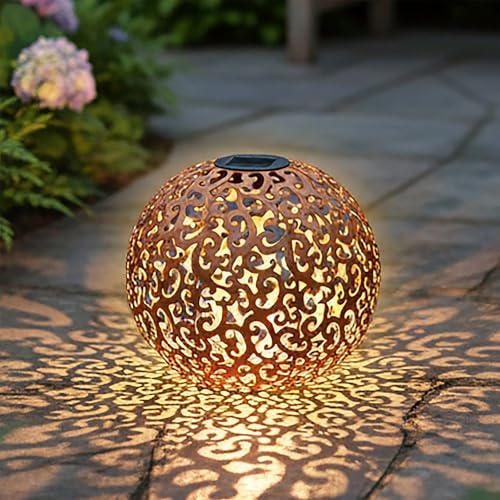 Boule décorative en métal - 28,5 cm - Solaire/lumineuse - Boule solaire blanc chaud aspect rouille