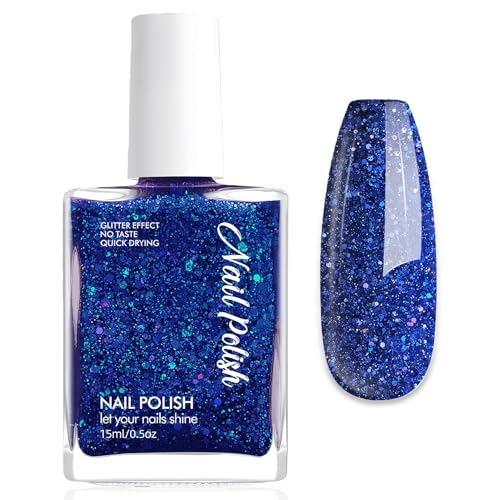 Nagellack Blau Glitzer - 15ml Schnelltrocknender Nagellacke - Ungiftiger Nagellack auf Wasserbasis...