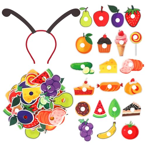 Thiccywoov Caterpillar Costume Set Includes 1 Caterpillar Headband and 32 Pcs Self Adhesive Felt Foods Fruits Book Character Costume Accessory for First Day of School Reading Story Party