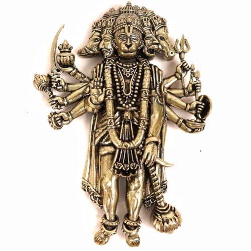 Image of The Spiritual Living Brass Finecrafted Panchmukhi Hanuman for Door Entrance | 4 Inch | Idol - Murti | Wall Hanging | Statue | Wall Decor | Pital Panchmukhi Hanuman Murti |