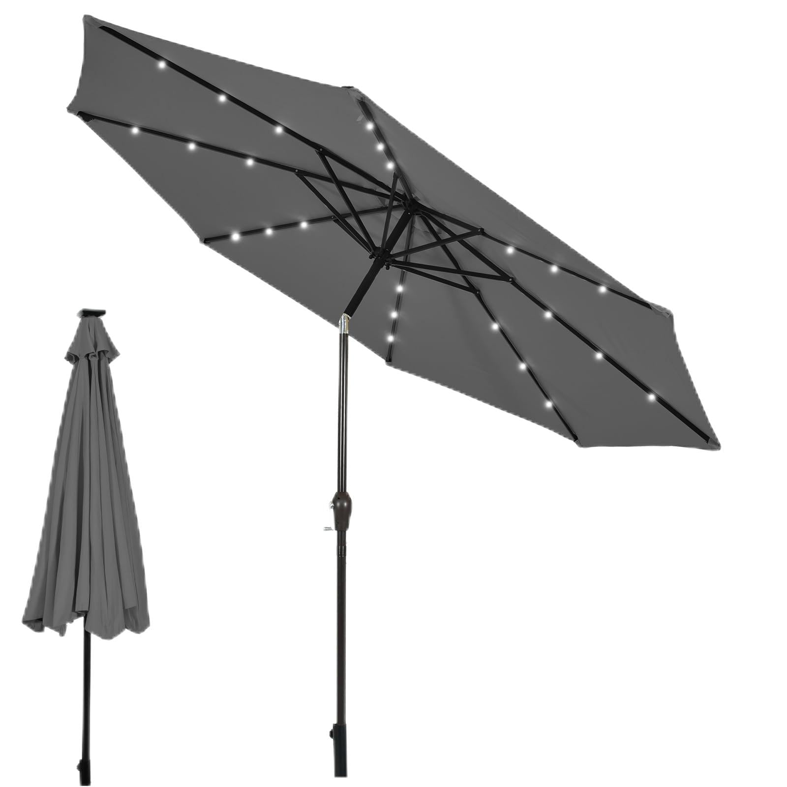 COSTWAY 2.9m/3m Garden Parasol, 8 Ribs Patio Umbrella with Tilt, LED Lights, Crank Handle & Vented Top, UV Protective Outdoor Table Sun Shade for Market Yard Pool (Grey-with 24 Lights, 3m)