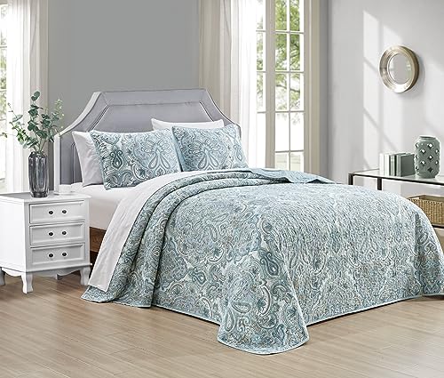 Grand Linen 3-Piece Oversized Lightweight Quilt Set in California King 118” x 95” – Soft Microfiber Bedspread with 2 Shams – Pale Blue, Muted Aqua & Grey Colors - Paisley Design - Reversible Coverlet - Thumbnail 2