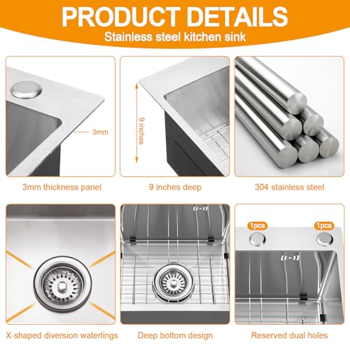 Image of Geetery 15 x 15 Inch Drop in Bar Sink, 9 inch Deep Single Bowl 304 Stainless Steel Top Mount Small Kitchen Sink Set with Grid Drain Strainer P-trap Drain Kit for Outdoor Rv Bar Coffee Laundry