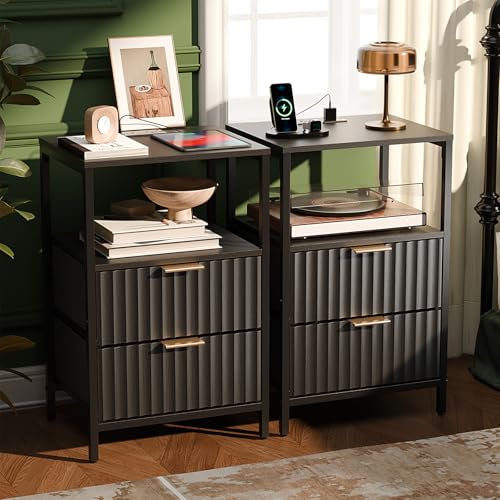 Image of VINGLI Black Nightstands Set of 2 with Fabric Drawers, Fluted Nightstands with Charging Station, Night Stand Set of 2, Small Bedside Table, Bed Side Table /Night Stand with Charging Station for Bedroom