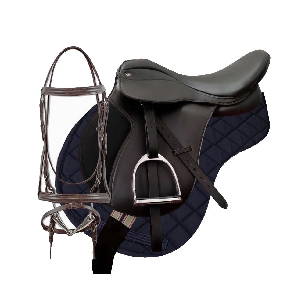 Set Sella 17" Equitazione Completo per Cavallo, Attrezzatura equitazione inglese per Principianti ed Esperti - Adulti Unisex, con sottosella briglia e staffe
