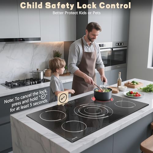 Image of Electric Cooktop 34.25 Inch(Cut-out Size: 34.25 inchx19.3 inch) - 9200W 36 Inch High Power 5 Burners Electric Stovetop, Built-in Ceramic Burner, Safety Lock, Expandable Ring, 240V Hard Wired (No Plug)