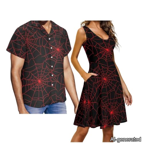 Image of Dreaweet Summer Dresses for Women A-Line Sleeveless Flowy Sun Dresses,Men's Casual Button-Down Shirts,Couple Matching Outfits