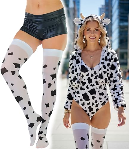Image of ToBeInStyle Women's Cow Print Thigh High Stocking Bessie The Cow Costume Nylon Bodystocking Cosplay