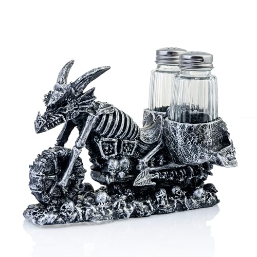 Resin Dragon Salt & Pepper Shakers with Skull Accents - Glass Spice Jars - Salt And Pepper Dispenser