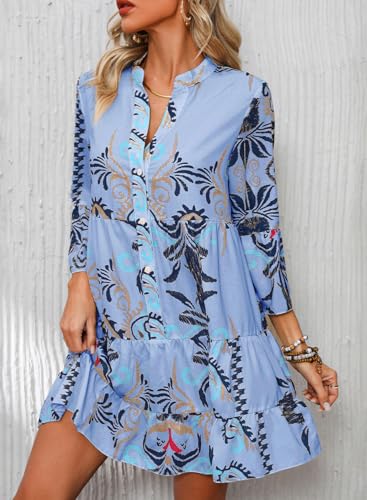 Image of Summer Dresses for Women 2026 Flowy Ruffle 3 /4 Sleeve V Neck Tiered Casual Babydoll Boho Beach Mini Dress