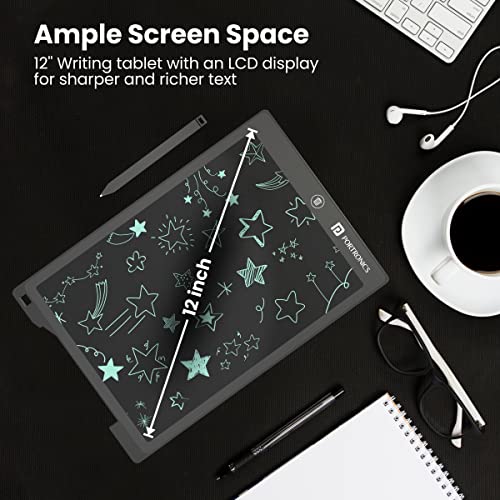 Image of Portronics Ruffpad 12D Re-Writeable 30.48cm (12 inch) LCD Writing Pad with App Support, Magnetic Strips, Content Safety Button, Extra Thin & Bright Handwriting, India's first notepad to save and share your child's first creatives via Ruffpad app on your Smartphone(Black)