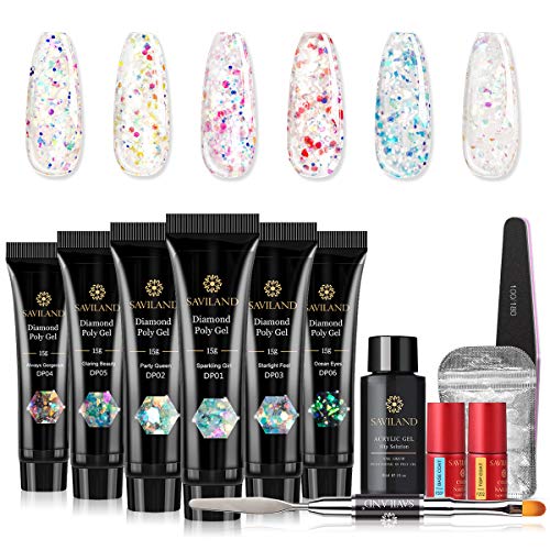 Saviland Poly Nail Gel Kit - Glitter Poly Nail Gel 6 Colors Builder Gel Nail Extension Gel Nail Enhancement Manicure Kit for Gel Polish Starter and Professional Nail Technician Gift Box Set 3