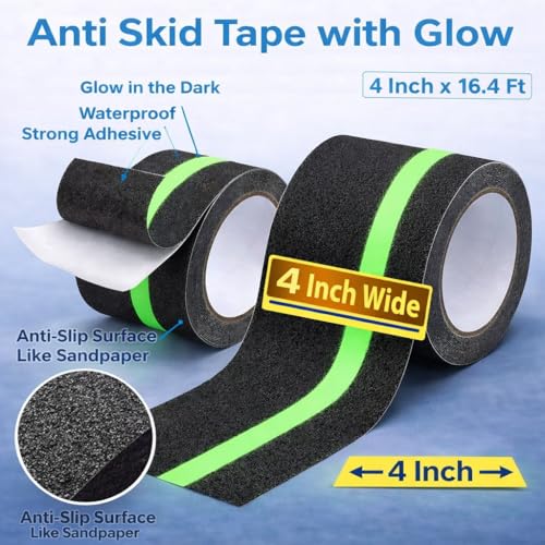 Image of Anti-Slip Tape with Glow in Dark, 4Inch x 16.4Ft Non Skid Tape for Stairs | Anti-Slip Traction Tape for Stairs, Floors, Decks, Indoors & Outdoors, Waterproof PVC Safety Grip Tape with Glow