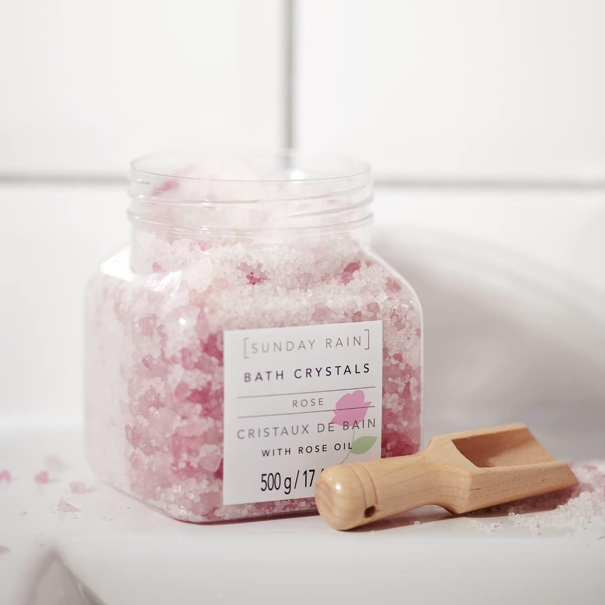 Sunday Rain Bath Crystals - Rose - Natural Bath Salts - with Sea Salt and Rose Oil - Includes Scooper - Cruelty-Free, Vegan Bath Products - 17.4 oz