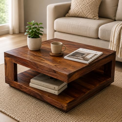 Image of Douceur Furnitures Sheesham Wood Center /Coffee /Tea Table for Living Room /Dinning Room and Hall | Finish:-Natural Brown |