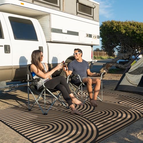 Image of GENIMO 5'x8' Outdoor Rug for Patio Waterproof, Reversible Plastic Straw Rug, Geometric Area Rug Outside Carpet, Camping Mats for Rv, Backyard, Deck, Balcony, Porch, Beach Black&Brown