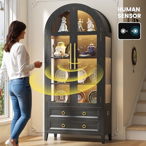 Image of LVSOMT 71 inch Arched Display Cabinet with Glass Doors and Lights, Black