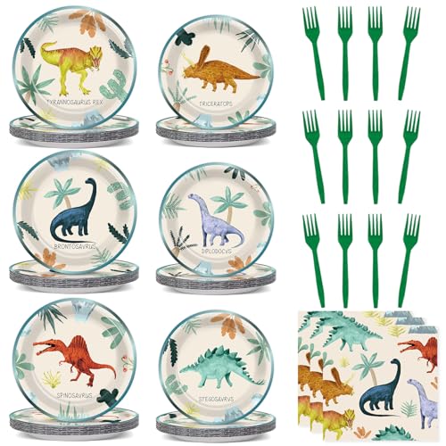 96PCS Dinosaur Birthday Paper Plates Napkins and Forks for Kids Watercolor Dino Party Disposable Supplies Dinosaur Themed Tableware Set for Baby Shower Dino Theme Summer Party Dinnerware Decorations
