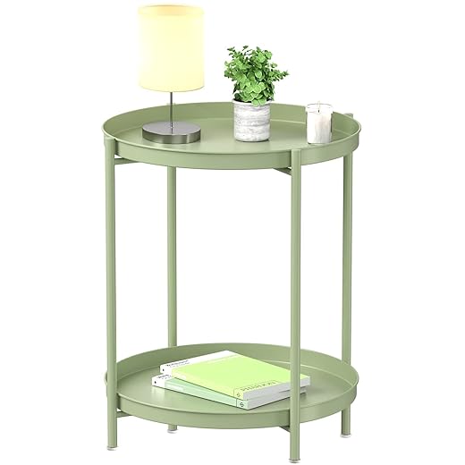 EKNITEY 2 Tier End Table - Metal Side Table Waterproof Small Sofa Coffee Side Tables Bedroom Indoor Outdoor with Removable Tray for Living Room Bedroom Balcony and Office (Atrovirens)