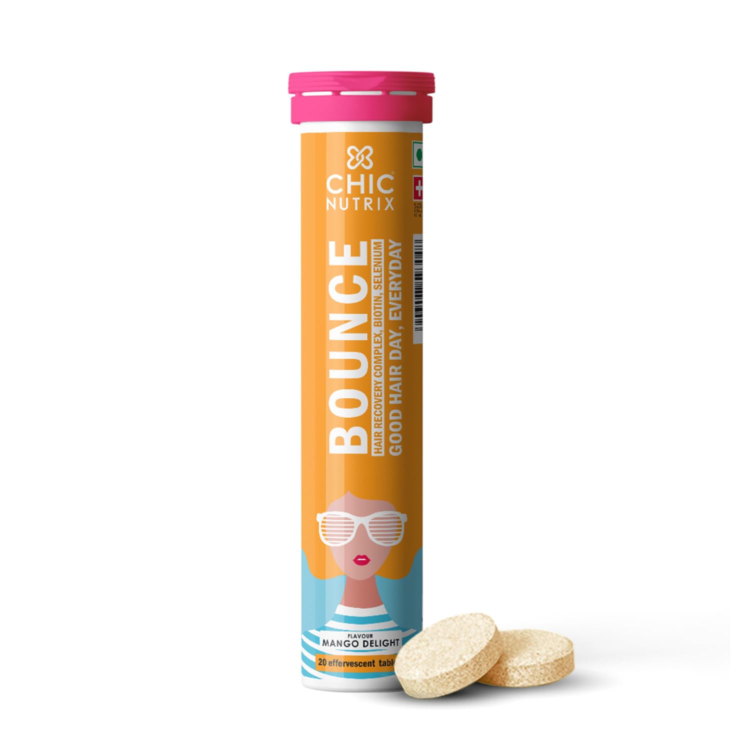 Chicnutrix Bounce | 20 Mango Flavoured Effervescent Tablet | Biotin with Selenium and Amino Acids - Hair Fall & Hair Growth Management – Thick Hair - Frizz-Free Hair- Hair Fall Control Supplement