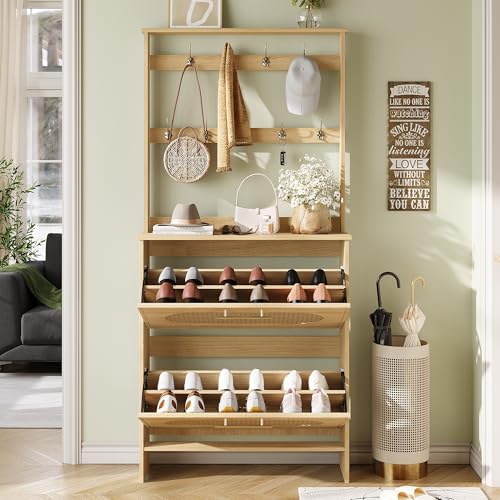 Image of Maupvit Tall Shoe Cabinet with Coat Rack, Slim Hidden Narrow Shoe Storage Cabinet with Doors & Drawer, 2-in-1 Hall Tree Freestanding Shoe Rack Organizer for Entryway Hallway Closet(Natural Oak)