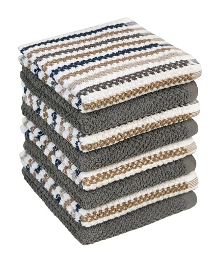 Bumble Premium Dish Cloths Towel 12"x12" | 100% Natural Ring Spun Cotton Tea Towel Set | 430 GSM | Highly Absorbent & Soft Dish Towels | 8 Pack - 4 Popcorn Wide Striped & 4 Solid Kitchen Towels - Gray