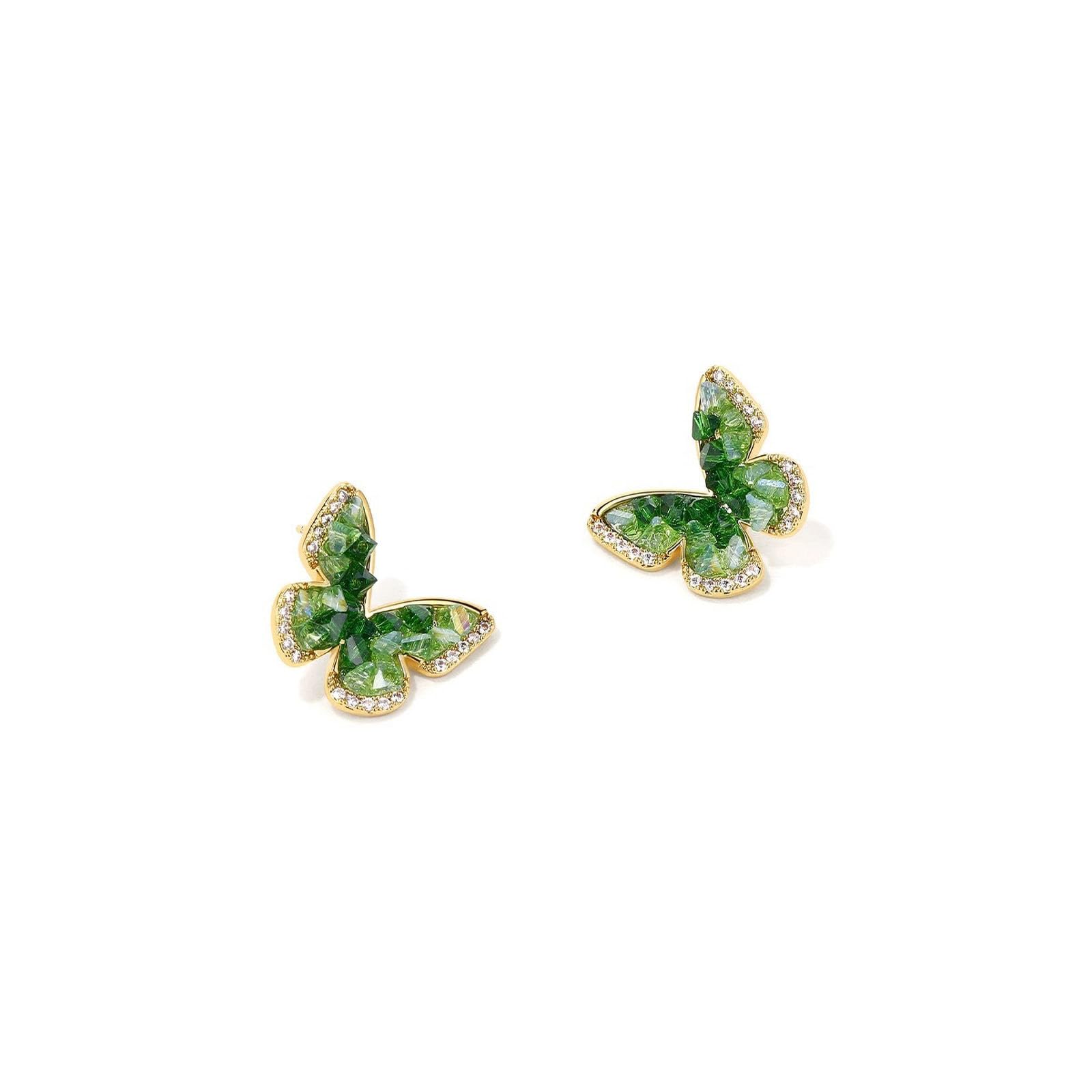 ZIRPEARA Green Crystal Butterfly Stud Earrings, 18K Gold Plated Brass Sterling Silver Pin Fairy Earrings